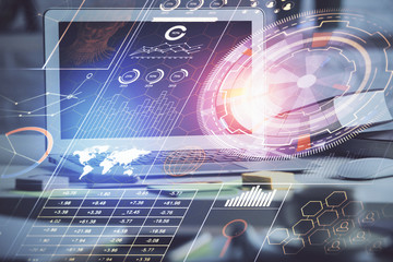 multi exposure of desktop computer and technology theme hologram. concept of software development.