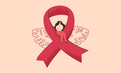 Breast cancer awareness and prevention month banner. Young woman sits on a big pink ribbon. The concept of support and solidarity with women fighting oncological disease. Vector illustration