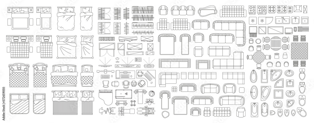 Set of linear icons. Interior top view. Furniture and elements for living room, bedroom, bathroom. Floor plan (view from above). Furniture store. - obrazy, fototapety, plakaty 
