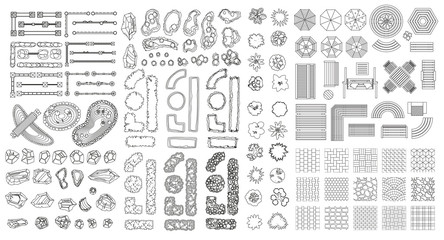 park elements set. top view. collection for landscape design, plan, maps. paths, fences, bushes, tre