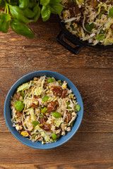 Wall Mural - Fried veal, with rice, Chinese cabbage and mushrooms. Sprinkled with sesame and soy sauce.