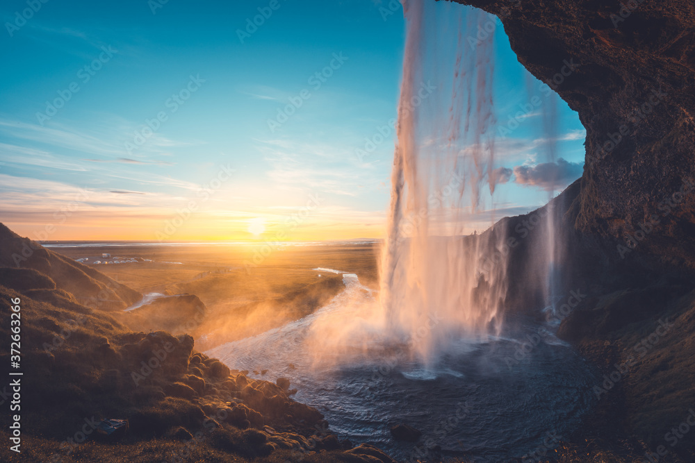 Seljalandsfoss waterfall at sunset, Iceland - obrazy, fototapety, plakaty 