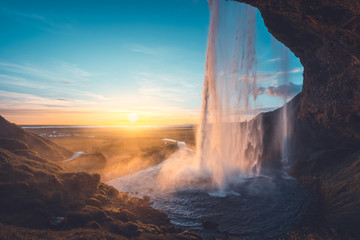 Wall Mural - Seljalandsfoss waterfall at sunset, Iceland