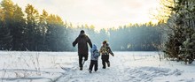 Father And Two Children In Winter Forest