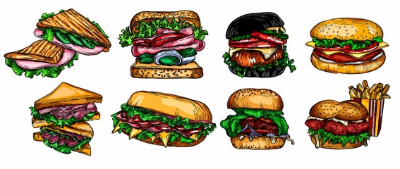 Raster fast food illustrations in the style of the sketch. Burgers, pizza, sandwiches, fries, burgers. High-quality detailed drawing of elements.