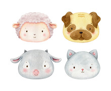 Set Of Cute Watercolor Animal Faces. Domestic Farm Animals Hand Painted Illustrations.