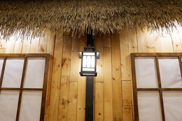 A wooden lamp under the roof