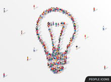 Large Group Of People Seen From Above Gathered Together In The Shape Of Lightbulb. Idea And Inspiration Concept.