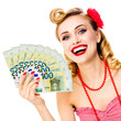 Portrait image of very happy, excited pinup beautiful woman holding money euro cash banknotes, pin up style. Blond girl in retro and vintage studio concept. Isolated over white background. Square.