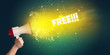 © ra2 studio - Young woman yelling to loudspeaker with FREE!!! inscription, modern media concept