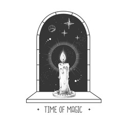 Canvas Print - Magic witchcraft open window silhouette with burning candle on outer space background. Vector illustration