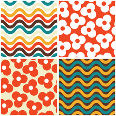 Vector seamless mid-century modern pattern set- 60s and 70s style, geometric retro design with flowers and waves