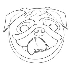 Isolated character pet dog pug face linear vector black outline illustration on white background. Simple logo icons design. Trendy concept for veterinary, pet shop, pets care and grooming.