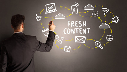 businessman drawing social media icons with fresh content inscription, new media concept