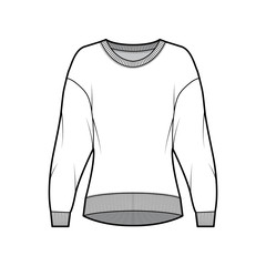 Cotton-terry sweatshirt technical fashion illustration with relaxed fit, crew neckline, long sleeves. Flat outwear jumper apparel template front, white color. Women, men, unisex top CAD mockup