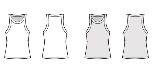 Cotton-jersey tank technical fashion illustration with relaxed fit, wide scoop neckline, sleeveless. Flat outwear cami apparel template front, back white grey color. Women men unisex shirt top mockup