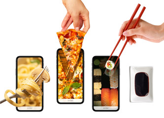 Order and deliver food online. Pizza, pasta, sushi. Eat from your smartphone. Gadget on white background