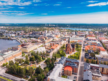 Lulea, Sweden - July 05, 2019: Panorama City, Cathedral Sunny Day, Blue Sky