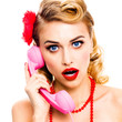 Portrait image - surprised or shocked, amazed blond woman with opened mouth and phone tube. Pin up girl. Retro vintage studio concept. Isolated over white background. Square composition picture.