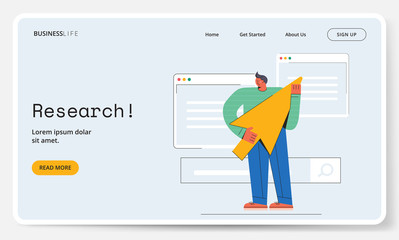 A website page template - Man holding a cursor arrow. Research concept of market research, web development, and survey.