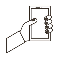 Poster - hand lifting smartphone vertically line style icon