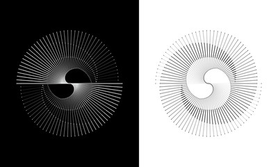 Spiral with gray lines different colors as dynamic abstract vector background or logo or icon. Yin and Yang symbol.