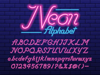 Canvas Print - Glowing neon light alphabet design with uppercase, lowercase, numbers and symbols