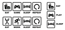 Quote Eat Play Sleep Repeat Sign Or Work Icons. Funny Vector Party Games Slogans Symbol Icon. Set Playing Repeats Signs. Gamer Player Video Game And Gamepad Controller Joystick.