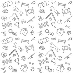 Vector seamless pattern with doodle icons, dog agility equipment and pet symbols, isolated on white background. Canine club or petshop concept, print for textile