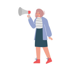 Sticker - Businesswoman Shouting Through Loudspeaker, Social Media Marketing Concept, Business Promotion, Advertising Cartoon Vector Illustration