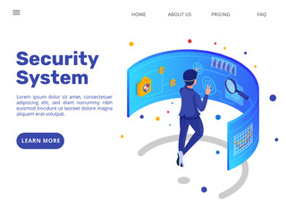 Man set system security in layer screen. System security landing page illustration template. Header image of system service center. Vector