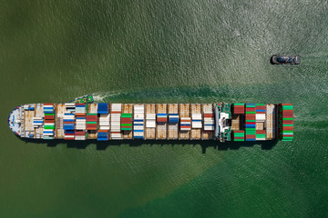 Container ship sailing the ocean, Business cargo logistics aerial view