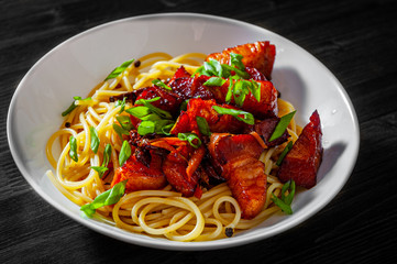 Poster - Spaghetti pasta with fried pork in bowl