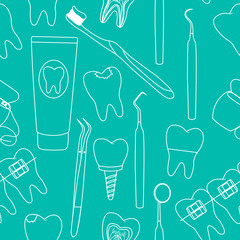 Wall Mural - Seamless pattern dental treatment of healthy and sick teeth jaw dental tools graphic white color vector illustration.