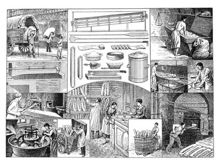 france bakery bread and bakery shop for fresh bread. (making bread) / antique engraved illustration 