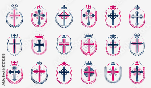 Fotografía Religion crosses logos big vector set, vintage heraldic Christian emblems collection, classic style heraldry design elements, ancient designs, belief