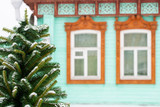 Fototapeta  - Green Spruce With Snow On Background Of Wooden Colorful House Close Up.