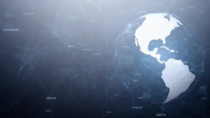 Futuristic spinning earth globe digital planet animation with business word cloud motion background. Copy space animation.