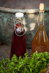 Kombucha second fermented fruit tea with different flavorings. Healthy natural probiotic flavored drink