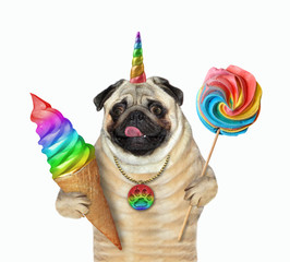 Wall Mural - The beige pug dog unicorn holds a lollipop and a rainbow ice cream. White background. Isolated.