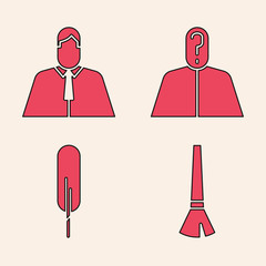 Sticker - Set Paint brush, Lawyer, attorney, jurist, Anonymous with question mark and Feather pen icon. Vector.