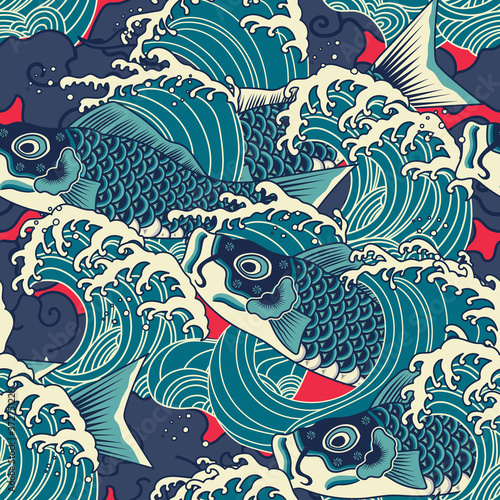 Dekoracja na wymiar  kolorowa-japonska-ryba-koi-karp-w-bezszwowym-wzorze-fali