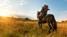 Girl In Medieval Knight's Armor Is Riding A Horse Against The Sunset Fields Background