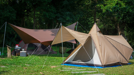 Wall Mural - field tents on green lawn in camping area at natural park