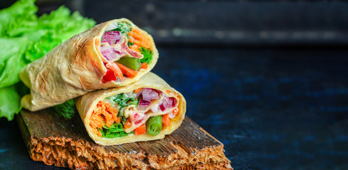 tortilla wrap vegetables burrito stuffing lavash vegetarian pita bread Menu concept Takeaway serving size fast food background top view copy space portion
