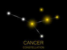 Cancer Constellation. Bright Yellow Stars In The Night Sky. A Cluster Of Stars In Deep Space, The Universe. Vector Illustration