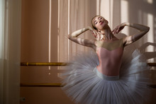 Portrait Of A Graceful Ballerina In A White Tutu In A Dance Class.