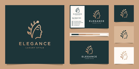 Wall Mural - Elegant face woman hair salon gold gradient leaf logo design and business card