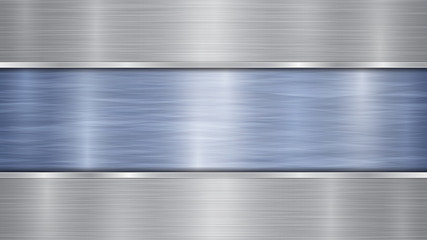 Background consisting of a blue shiny metallic surface and two horizontal polished silver plates located above and below, with a metal texture, glares and burnished edges