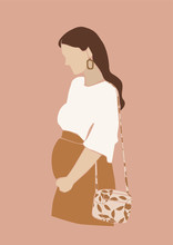 Pregnant Mother Illustration With Flowers On The Background. Cute Young Pregnant Woman Print Poster.